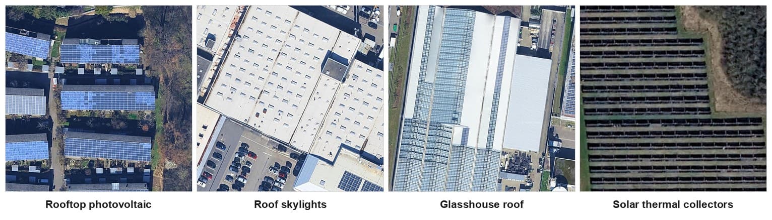 Four crops of aerial imagery side by side, labelled: a rooftop photovoltaic array, a warehouse roof covered in a grid of square skylights, a glasshouse roof, and rows of solar thermal collectors in a field.