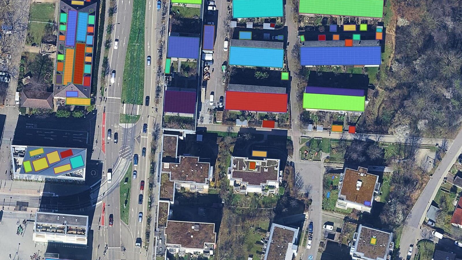 Three panels over the same suburban rooftops: plain aerial imagery, the same roofs with OpenStreetMap solar generators drawn as sparse outlines, and the same roofs again with every array detected as its own polygon.