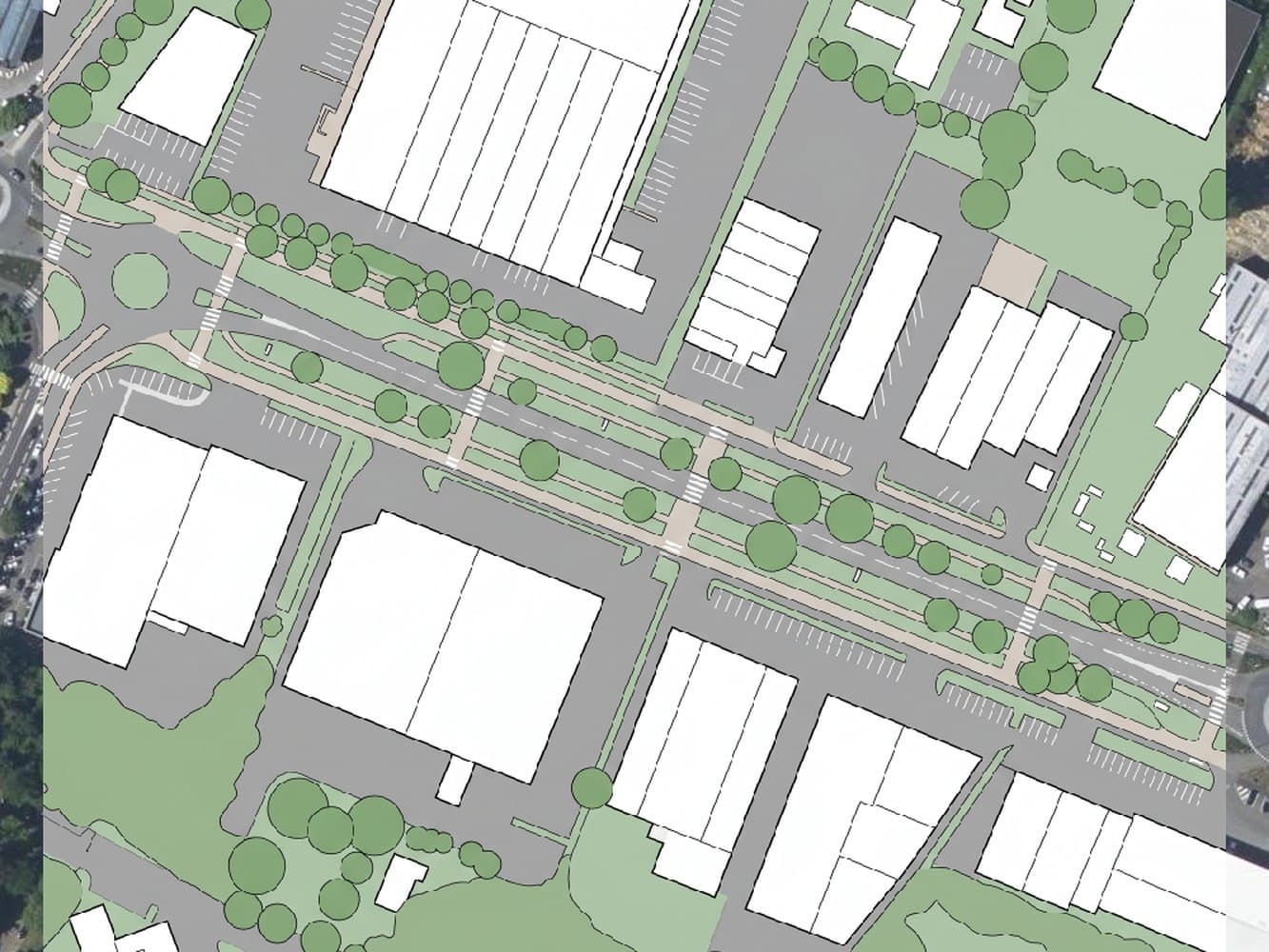 The same aerial view redrawn as a flat street design plan, with white buildings outlined in black, grey carriageway, warm grey pavements, sage green planting and trees as green circles.