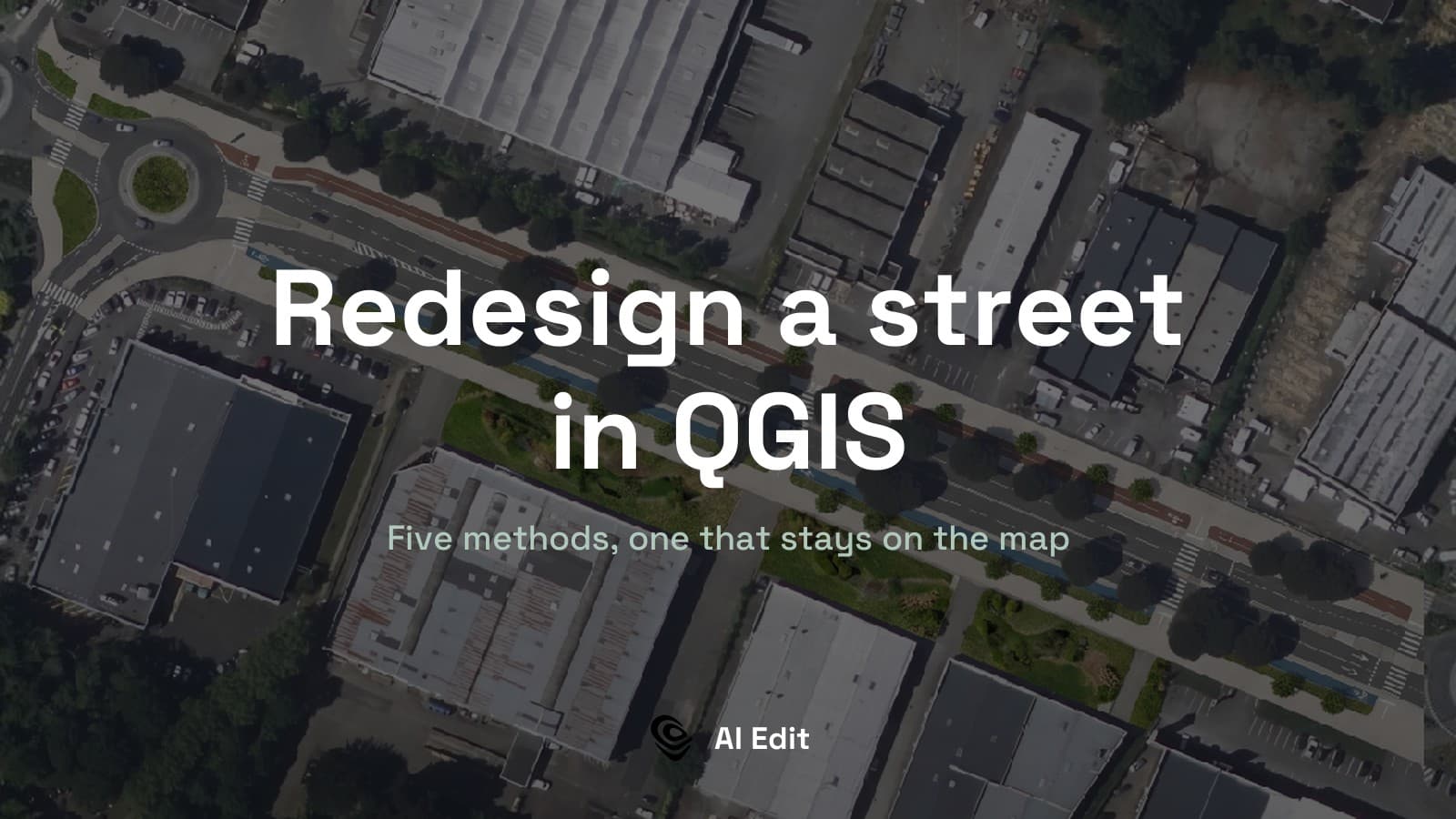 An aerial view of a commercial strip road rebuilt with cycle tracks, street trees and planted forecourts.