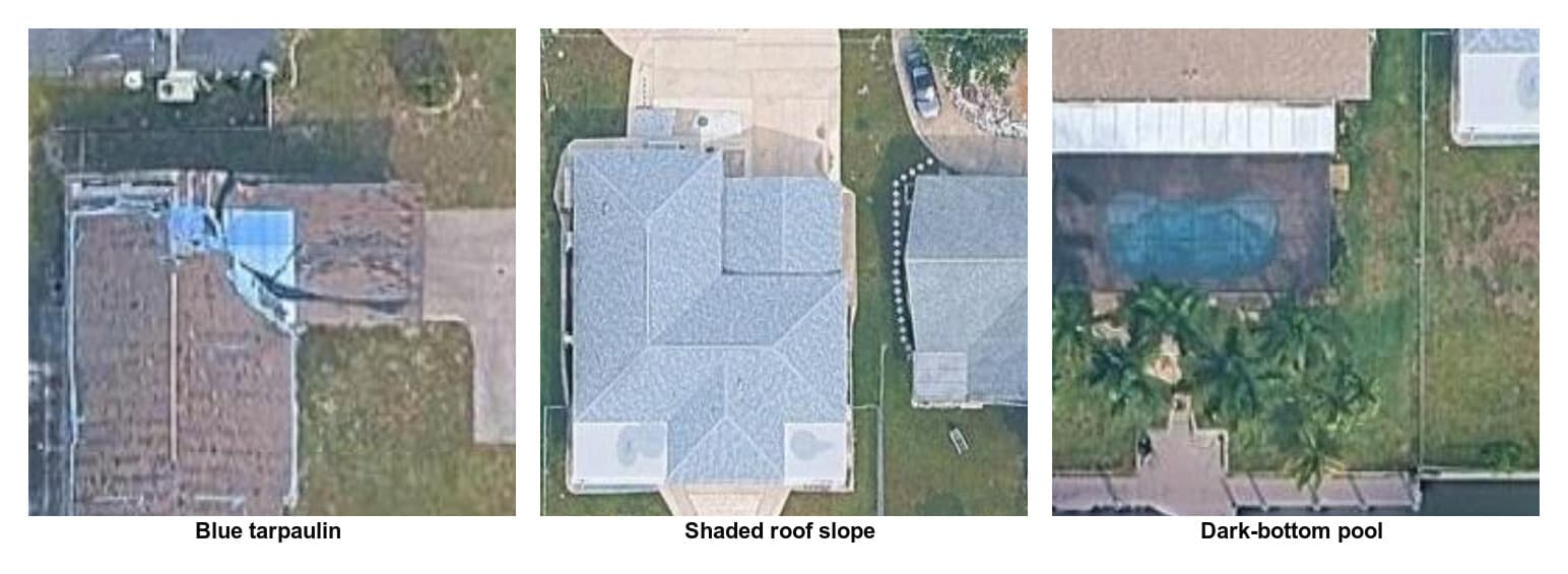 Three tight crops side by side: a blue tarpaulin over a garden, a shaded roof slope, and a dark-bottom pool in a garden.