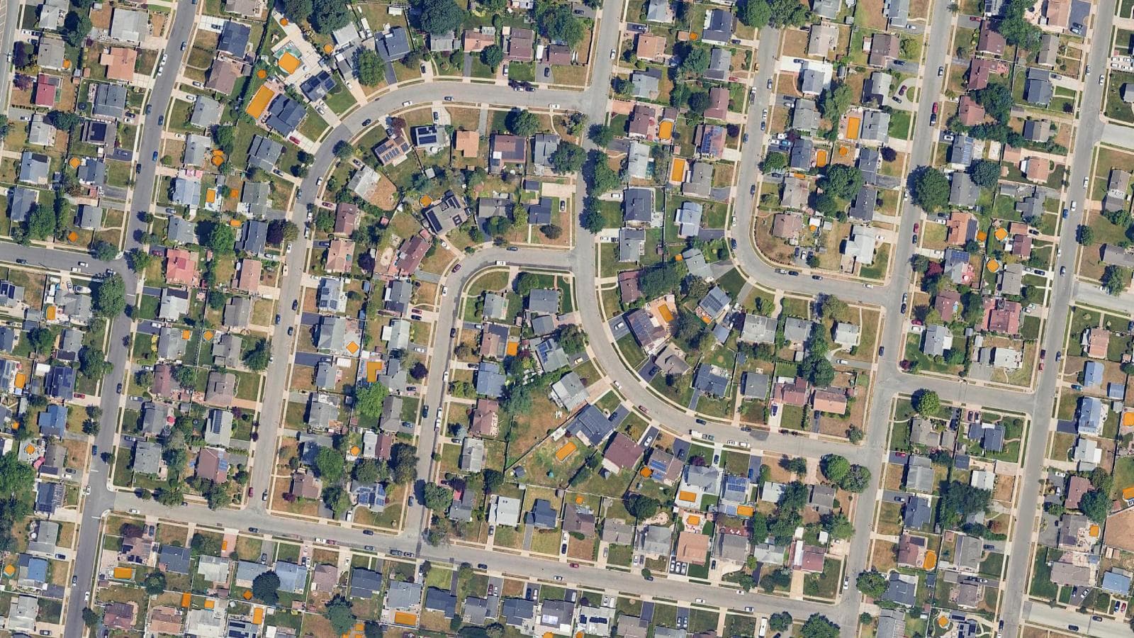 Three panels of the same suburban block from the air: bare imagery, a colour threshold lighting up the pools and a blue roof alike, and a segmentation result with only the pools outlined.
