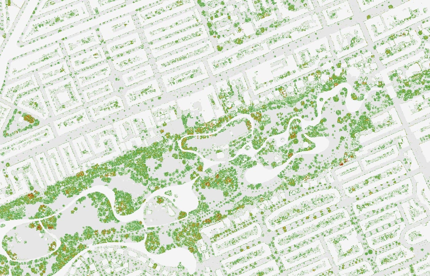 A canopy height model in QGIS coloured from green at ground level to dark red at 25 metres, tree crowns standing out over flat grey ground.