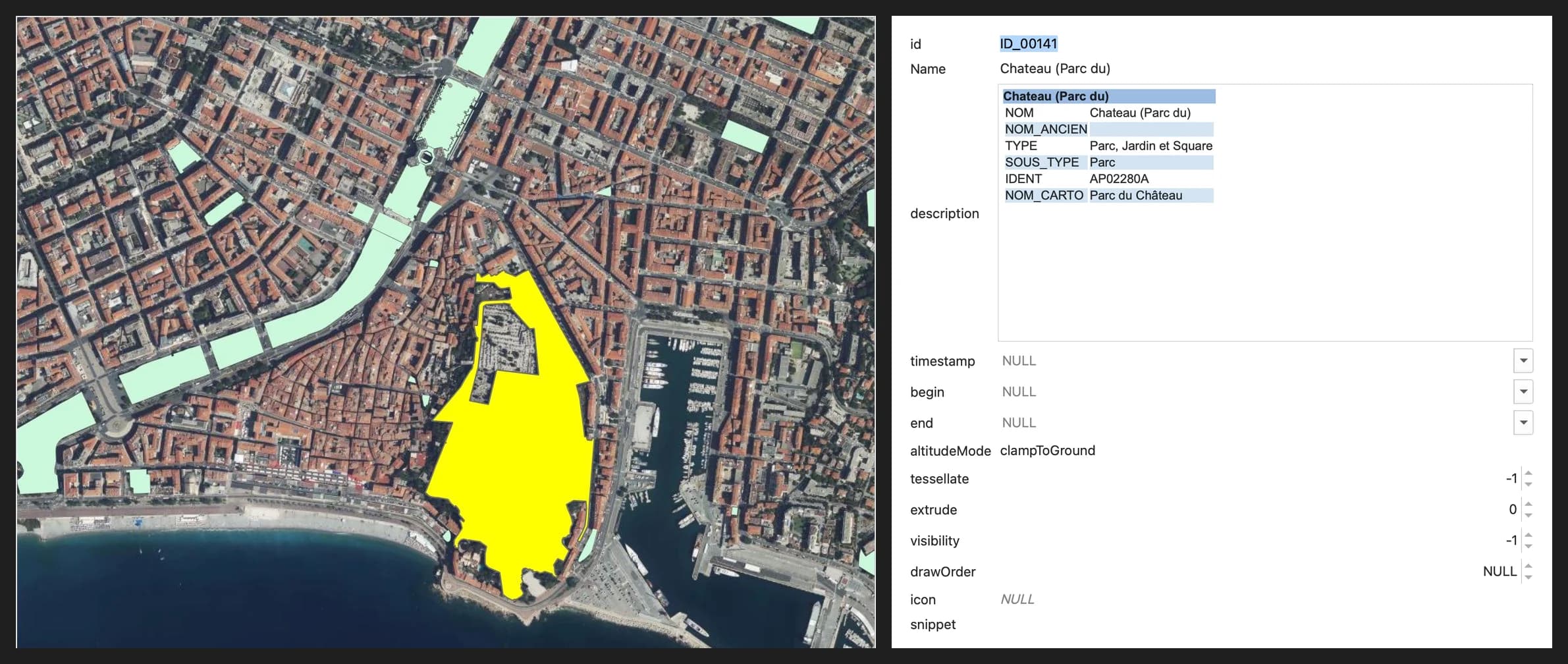 Left, an aerial photo of the old town of Nice with the Parc du Château filled in yellow and other city parks in pale green. Right, the QGIS feature form of the Parc du Château, where the description field shows an HTML table with NOM, NOM_ANCIEN, TYPE, SOUS_TYPE, IDENT and NOM_CARTO.