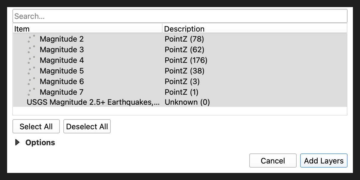 The QGIS Select Items to Add dialog for the USGS earthquake KML, listing Magnitude 2 to Magnitude 7 as PointZ layers with 78, 62, 176, 38, 3 and 1 features, and an empty seventh item marked Unknown (0).