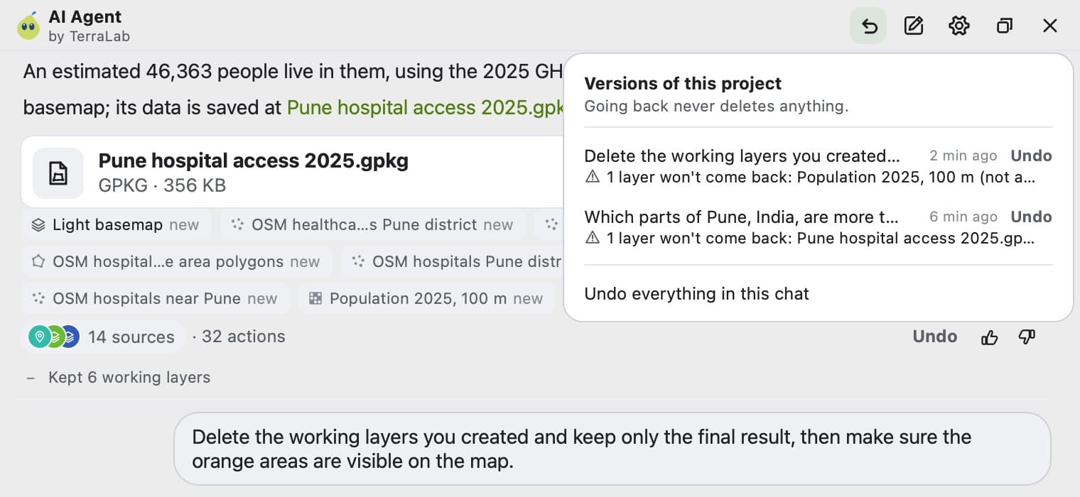 The AI Agent panel in QGIS with its Versions of this project sheet open. It reads Going back never deletes anything, and lists each message with how long ago it ran and an Undo link, plus Undo everything in this chat. A warning under each entry names a layer that won't come back, such as an exported GeoPackage.