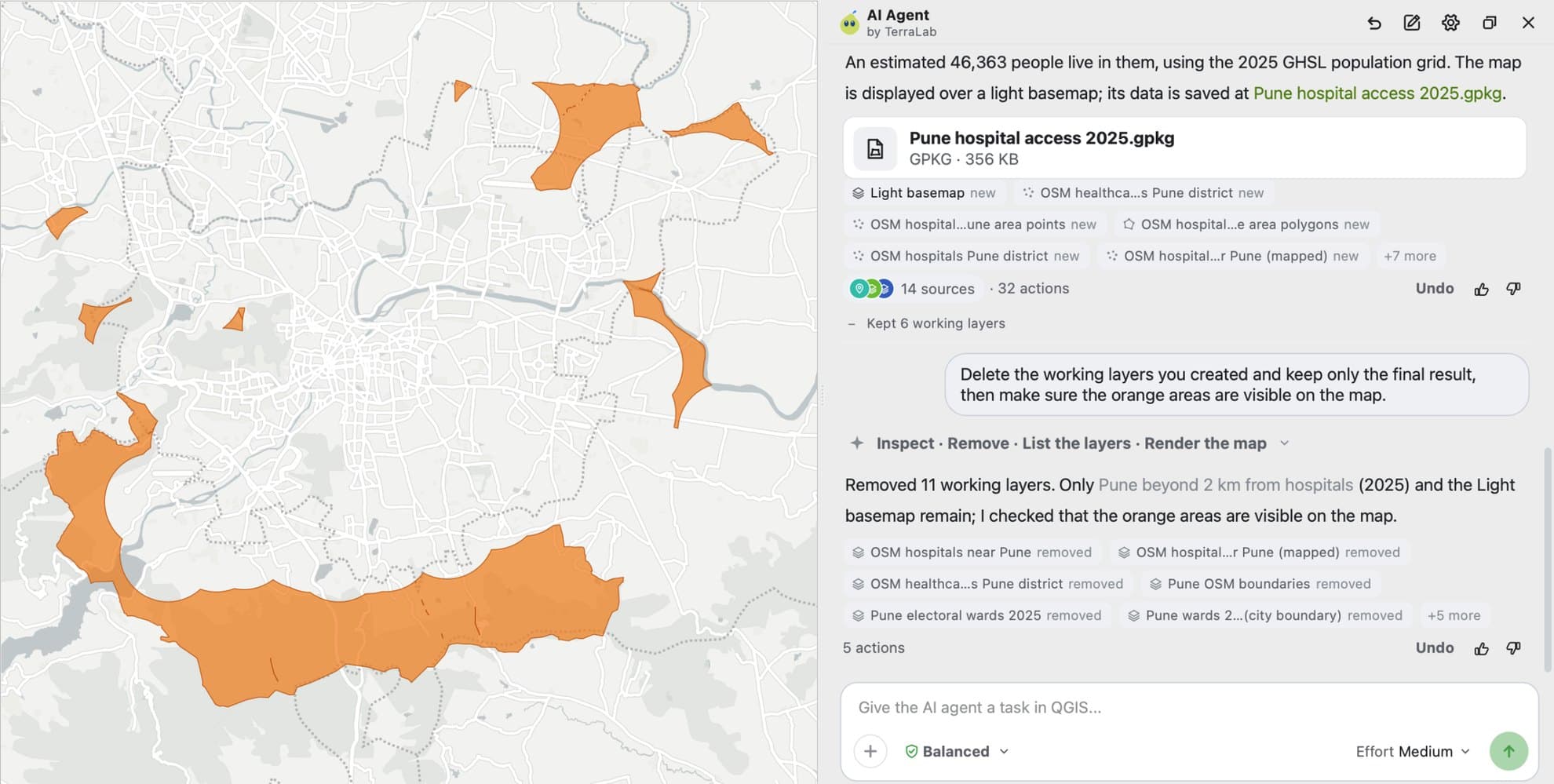 QGIS with an AI agent panel docked on the right. The map shows orange areas on the outskirts of Pune over a light grey basemap. The panel says an estimated 46,363 people live in them using the 2025 GHSL population grid, shows the saved GeoPackage, the layers it added, 14 sources and 32 actions, then a follow-up request to delete the working layers, and the reply that 11 working layers were removed and the orange areas checked on the map.