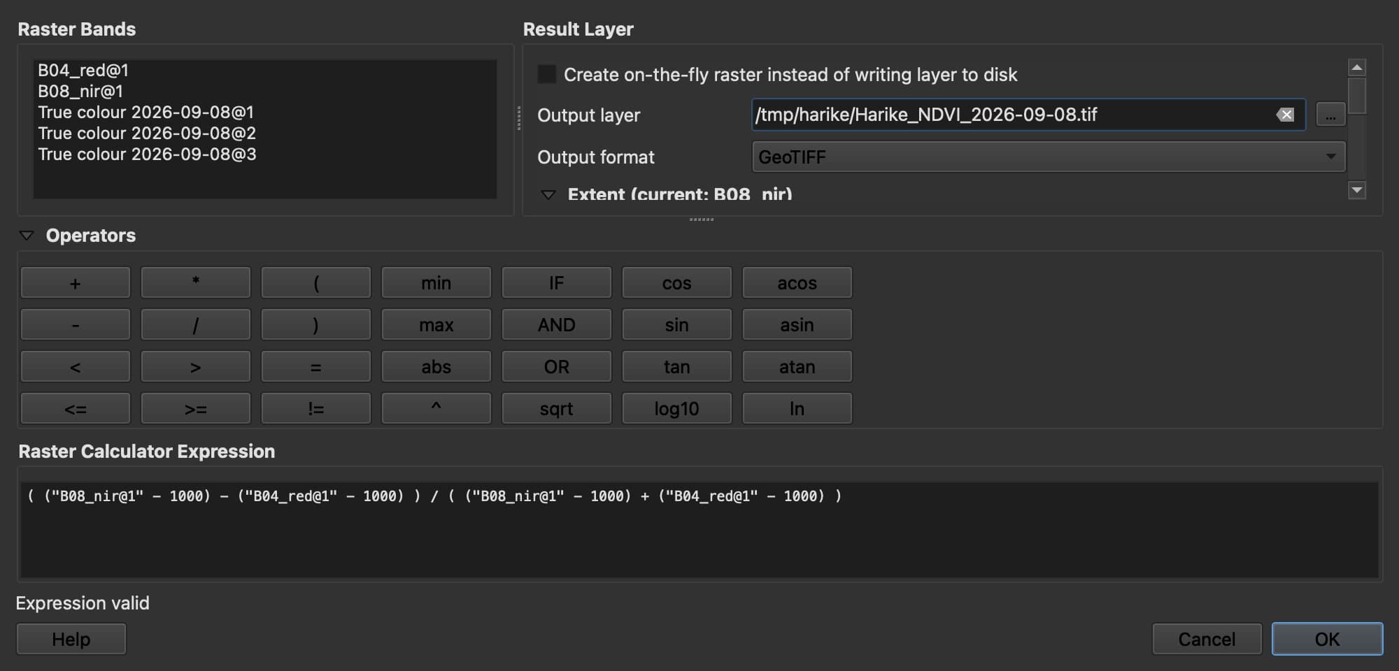 The QGIS Raster Calculator. Bands B04_red and B08_nir are listed on the left. The expression reads (B08_nir minus 1000, minus B04_red minus 1000) divided by (B08_nir minus 1000, plus B04_red minus 1000), marked Expression valid, with a GeoTIFF output.
