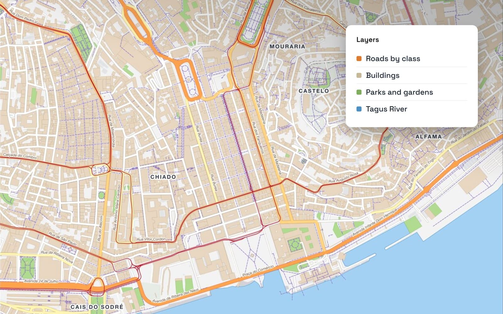 A detailed street map of central Lisbon with roads coloured by class and the Tagus river in blue, next to a floating Layers card listing roads, buildings, parks and the river.