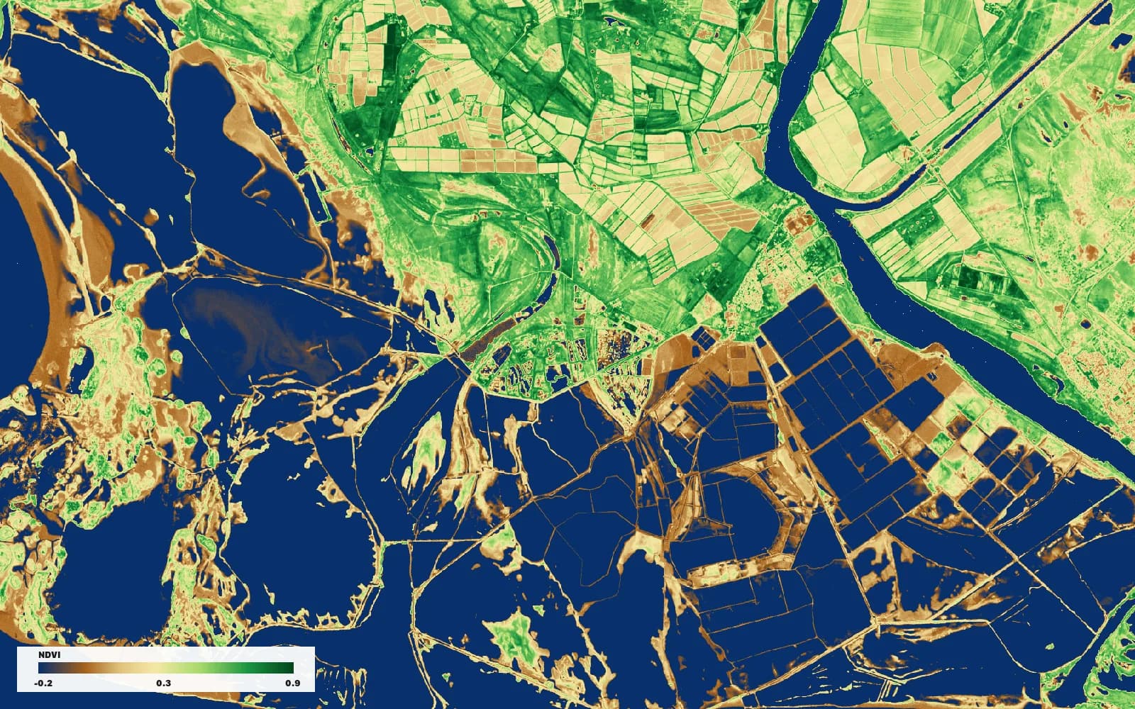 The same scene as an NDVI map: water in navy, bare ground and salt pans in brown and cream, vegetation in green, with the darkest greens along the river and the northern fields.