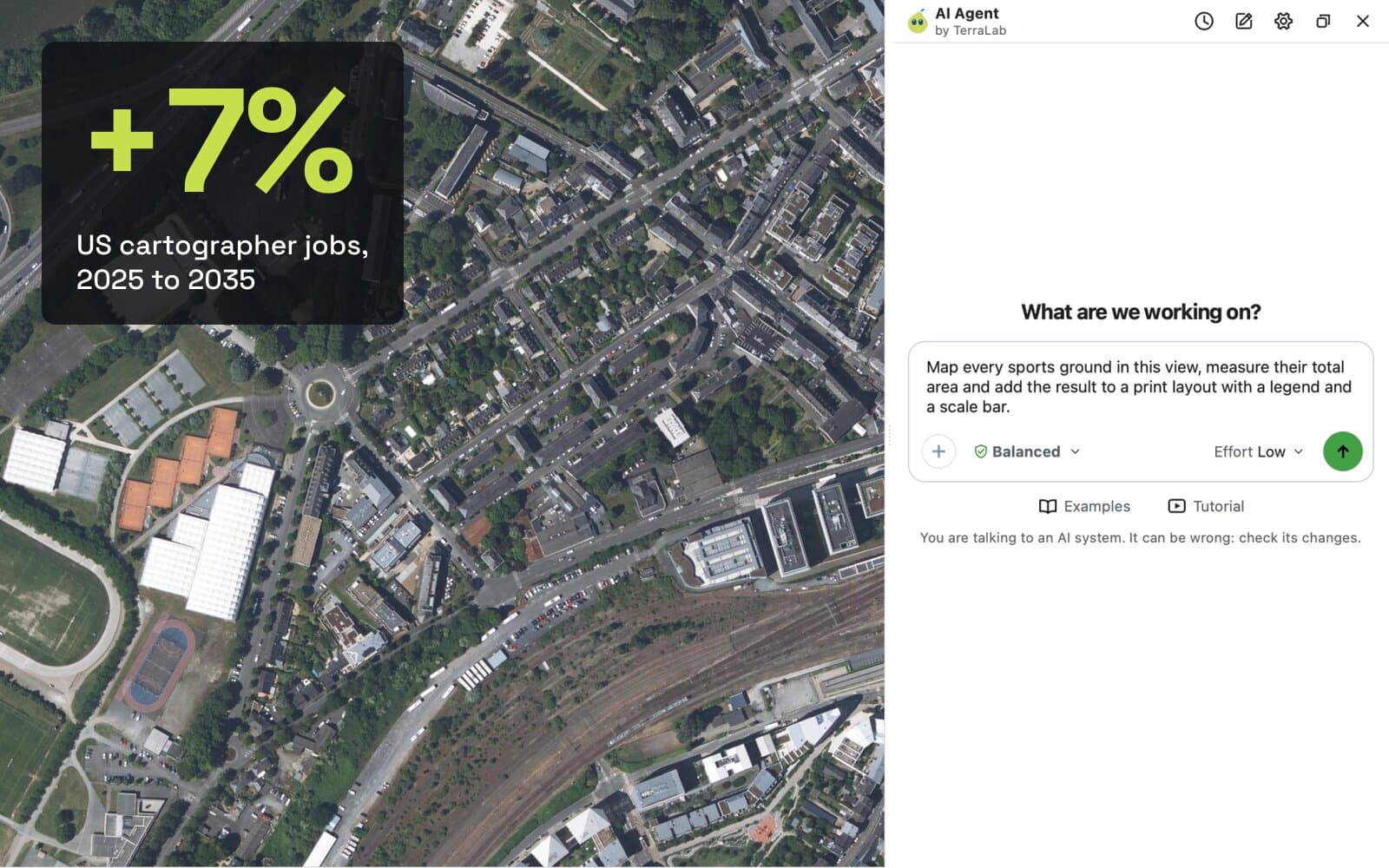 QGIS met een luchtfoto van Angers en het AI Agent-paneel rechts met een getypte opdracht, en de tekst +7%, banen voor cartografen in de VS, 2025 tot 2035.