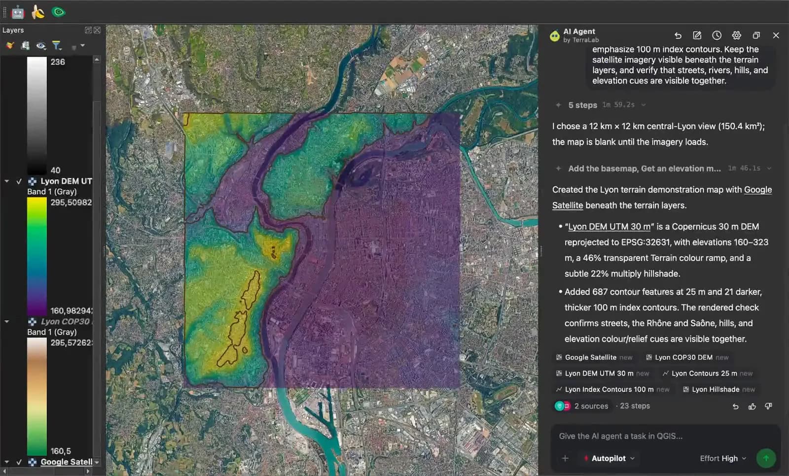 QGIS con el panel de AI Agent junto a un sombreado del relieve de Grenoble, con el terreno situado a menos de 5 m por encima del Isère en azul