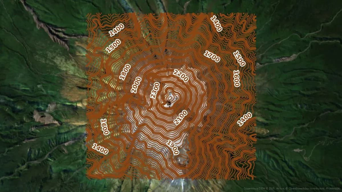 根據火山地形資料計算出的等高線