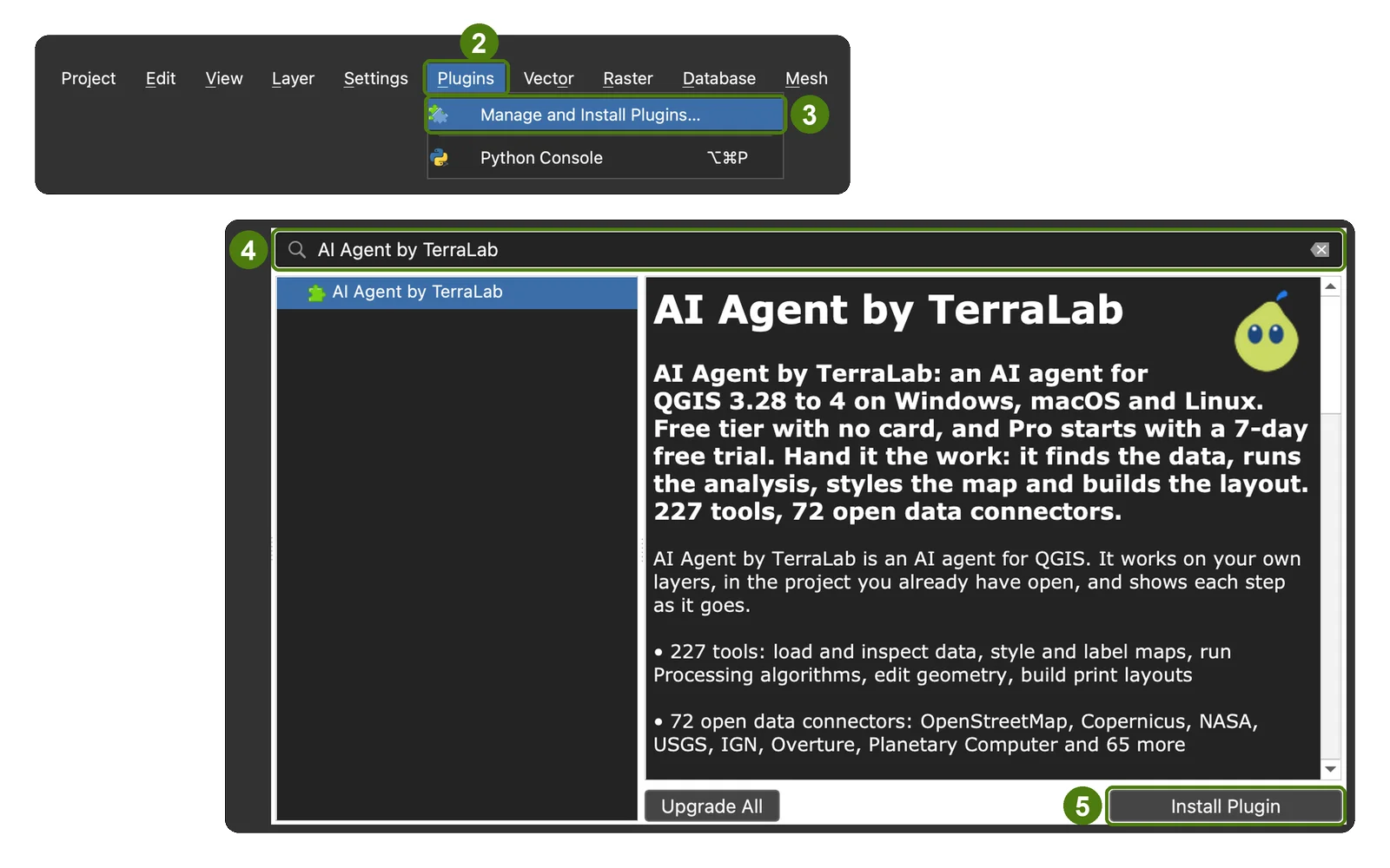 Menu Plugins QGIS dan pengelola plugin, dengan klik untuk memasang AI Agent by TerraLab bernomor 2 sampai 5