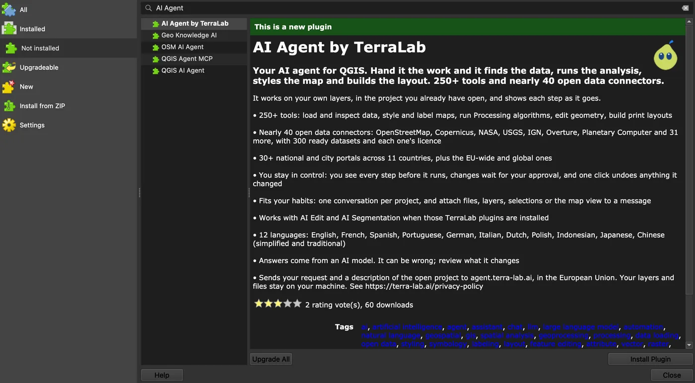 Il gestore dei plugin QGIS con AI Agent di TerraLab trovato nella ricerca