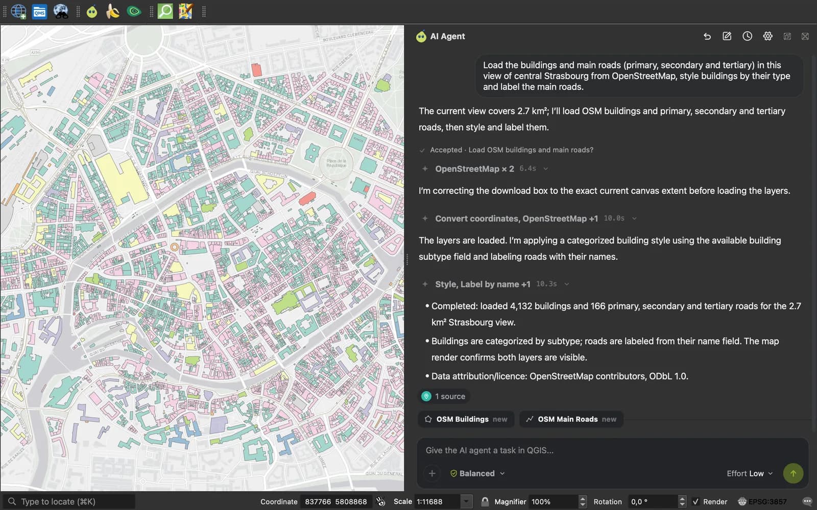 QGIS con il pannello AI Agent accanto al centro di Strasburgo, stile degli edifici in base al tipo e strade principali etichettate