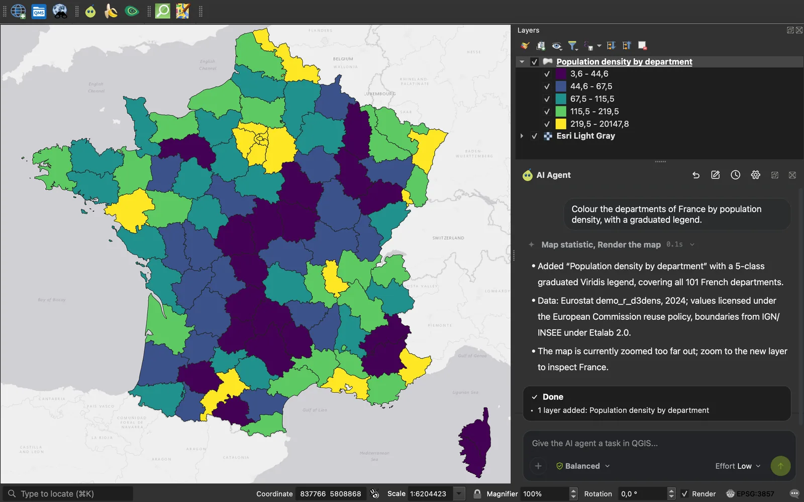 QGIS with the AI Agent panel beside a map of French departments coloured by population density