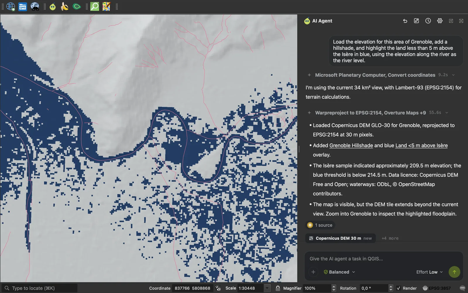 QGIS met het AI Agent-paneel naast een heuvelschaduw van Grenoble, het land dat minder dan 5 m boven de Isère ligt in blauw