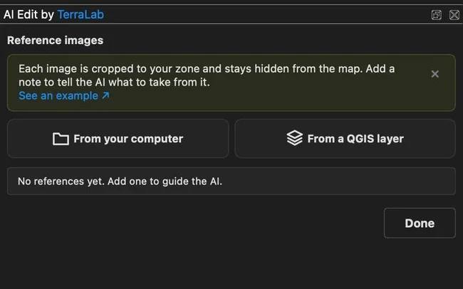 Imágenes de referencia: el panel de AI Edit dentro de QGIS