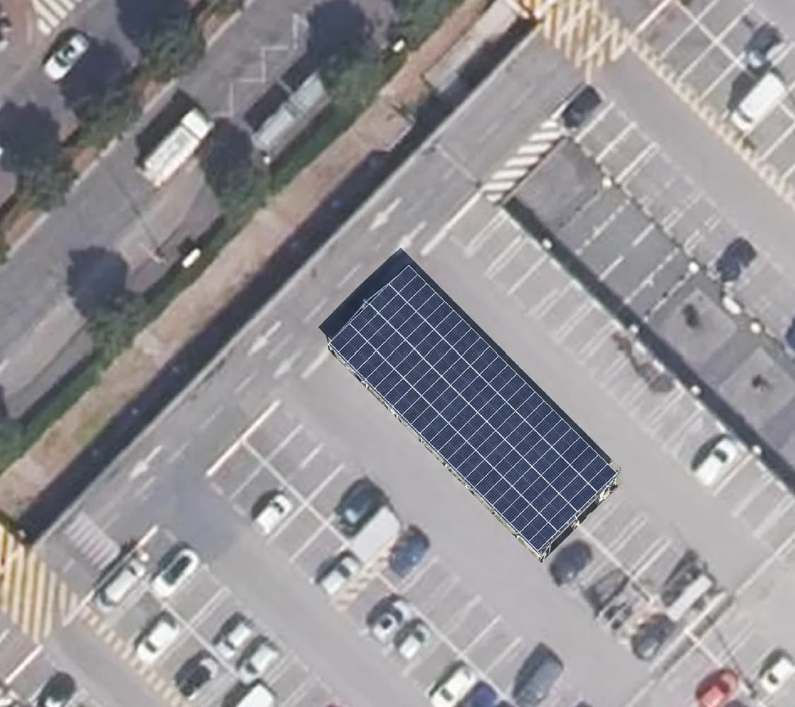 The same car park after AI Edit: a solar carport canopy over the circled bays, everything else unchanged