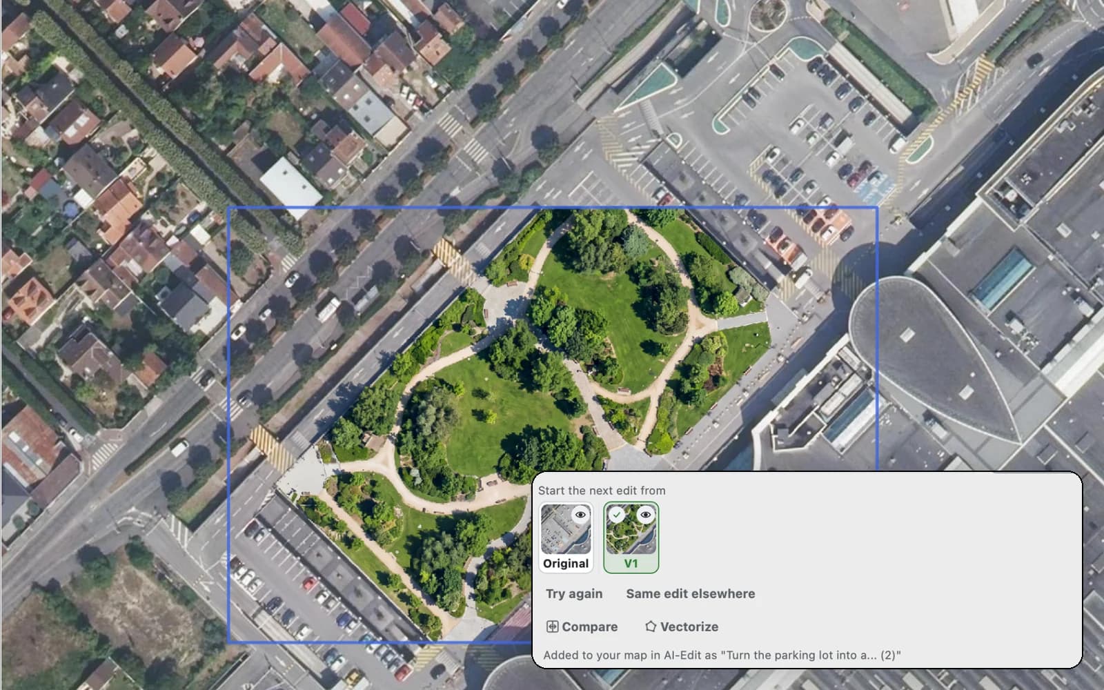 AI Edit result on the map with its versions in the panel