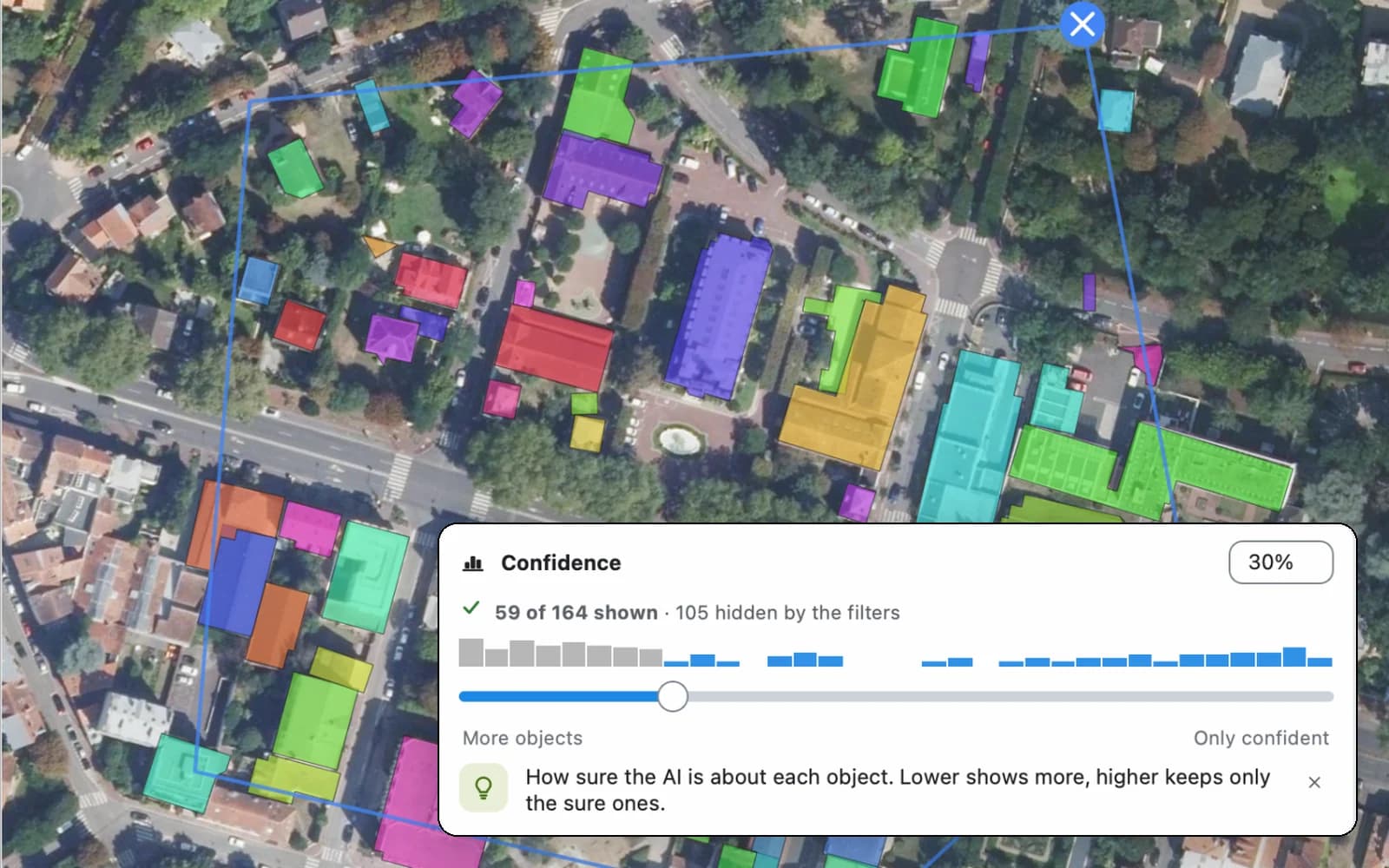 AI Segmentation review step with the confidence filter and the detected buildings on the map