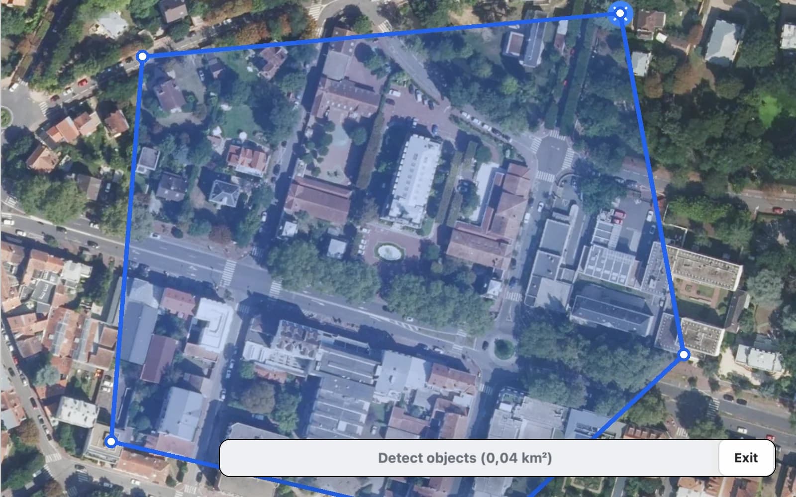 AI Segmentation panel in QGIS with a detection zone drawn on an orthophoto