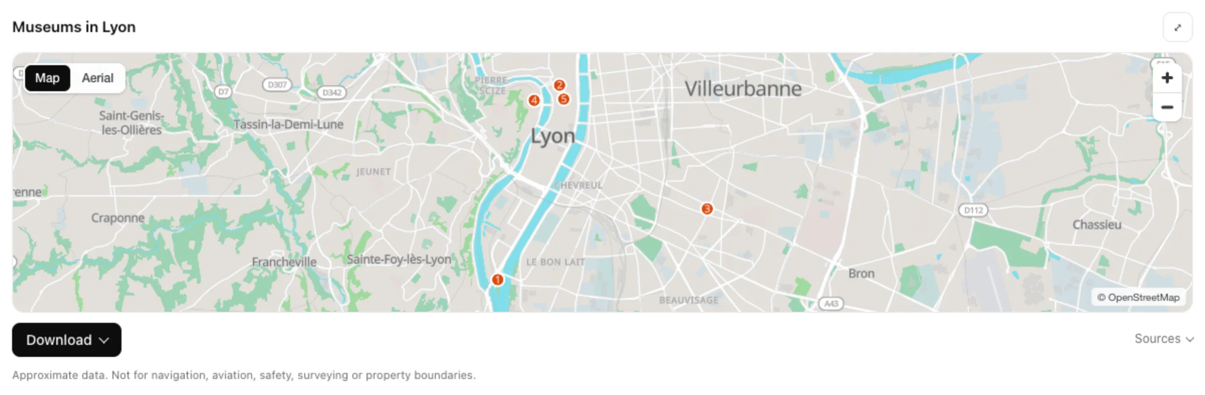 TerraLab result in Claude: an interactive map of Lyon with five numbered museums, a Map and Aerial switch and a Download button