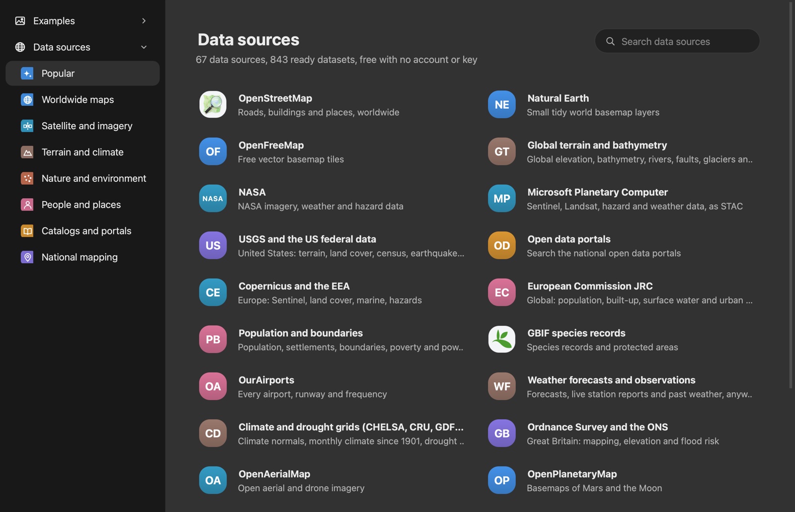 AI Agent 的 Data sources 页面:67 个数据源、843 个现成数据集,包括 OpenStreetMap、NASA、USGS、Copernicus、Natural Earth、Microsoft Planetary Computer 等