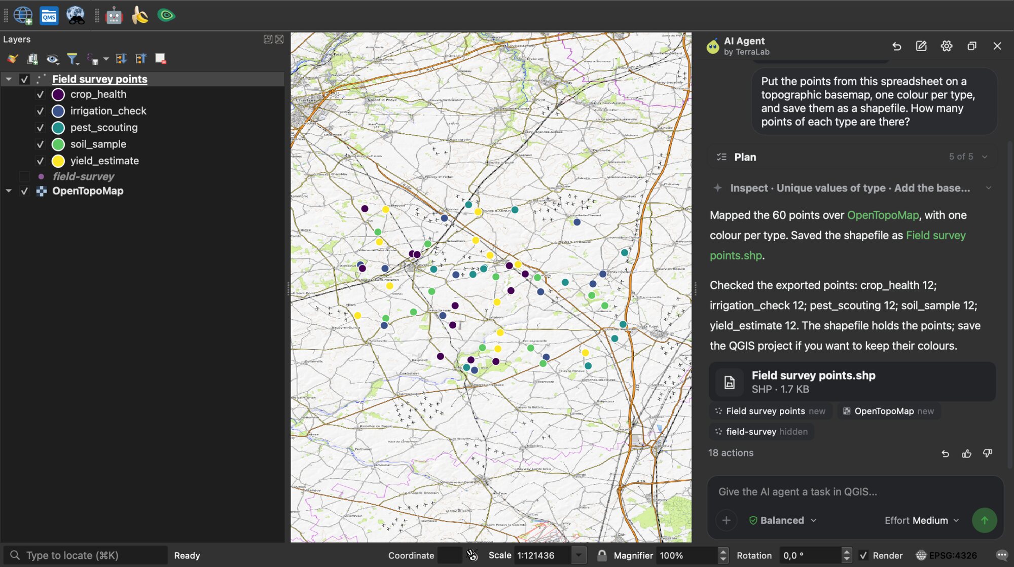 QGIS 中,OpenTopoMap 上有 60 个测量点,以五种颜色显示,以及 AI Agent 包含每种类型计数和已保存 Shapefile 的回答