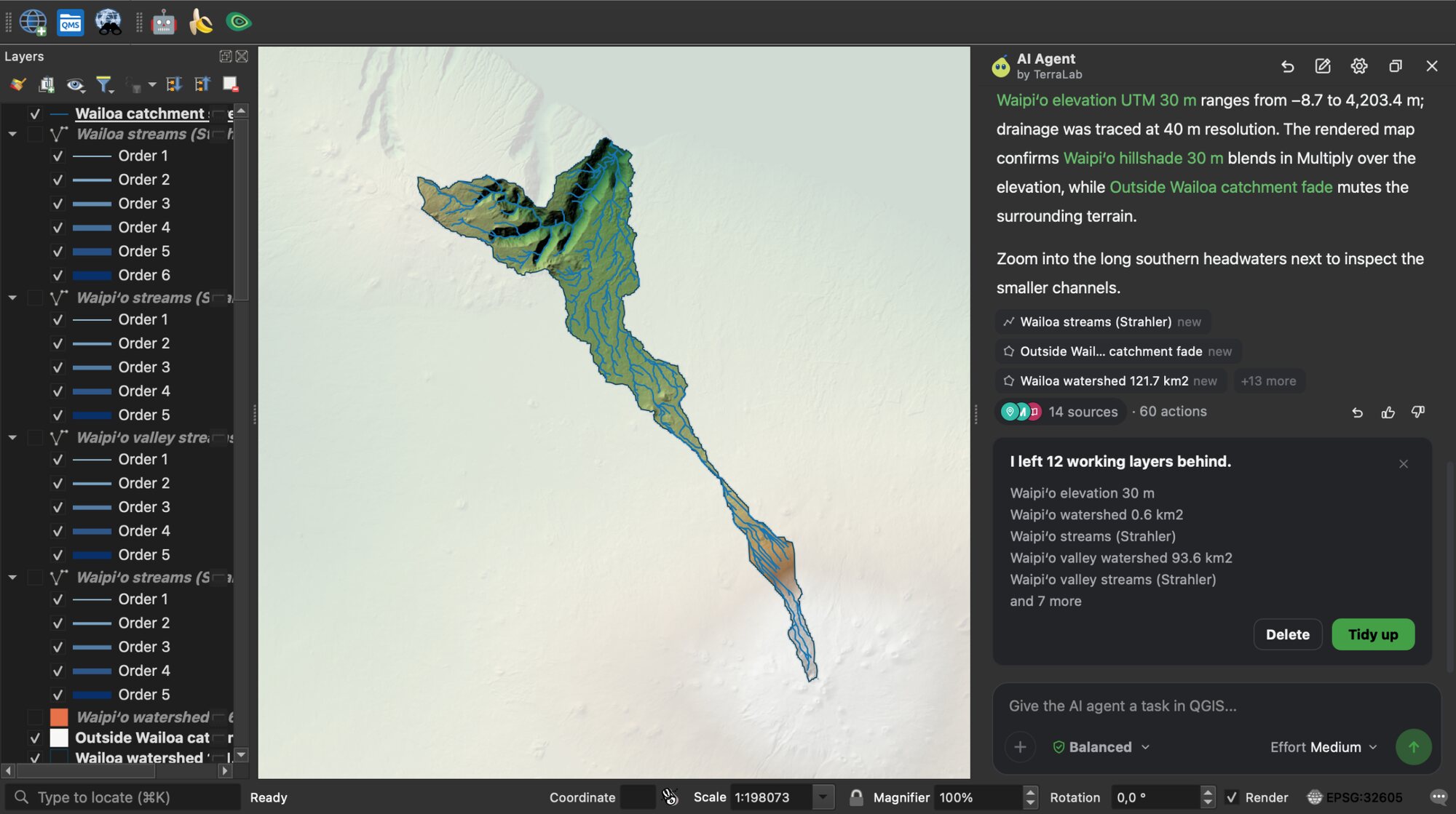 QGIS 中,怀皮奥山谷的集水区及其按等级设置样式的河流,以及 AI Agent 的回答,带有一张用于处理它留下的工作图层的整理卡片