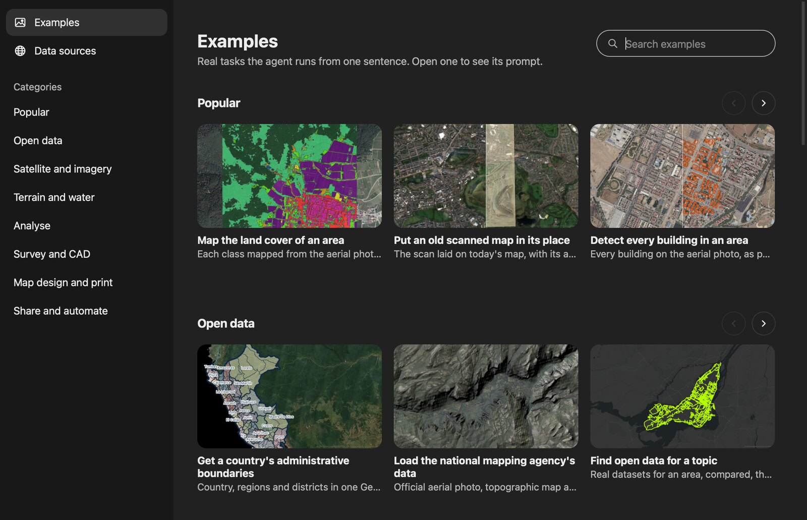 QGIS 中的 AI Agent 示例库:热门、开放数据、卫星与影像、地形与水、分析、测量与 CAD、地图设计与打印、分享与自动化