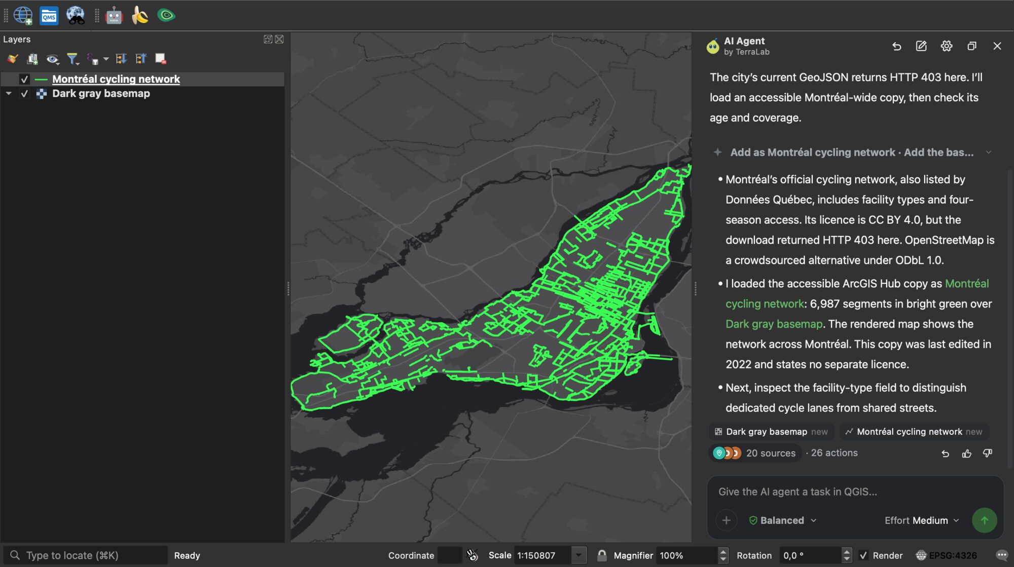 QGIS with Montreal's cycle network in bright green over a dark basemap, and the AI Agent panel on the right with its answer, the layers it added and the sources it checked