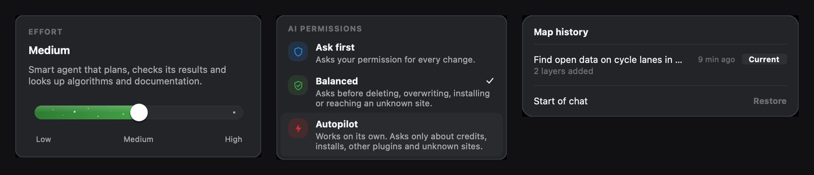Three AI Agent controls: the Effort menu, the AI Permissions menu with Ask first, Balanced and Autopilot, and the Map history sheet