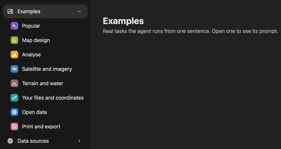 The AI Agent Examples library: Popular, Map design, Analyse, Satellite and imagery, Terrain and water, Your files and coordinates, Open data, Print and export