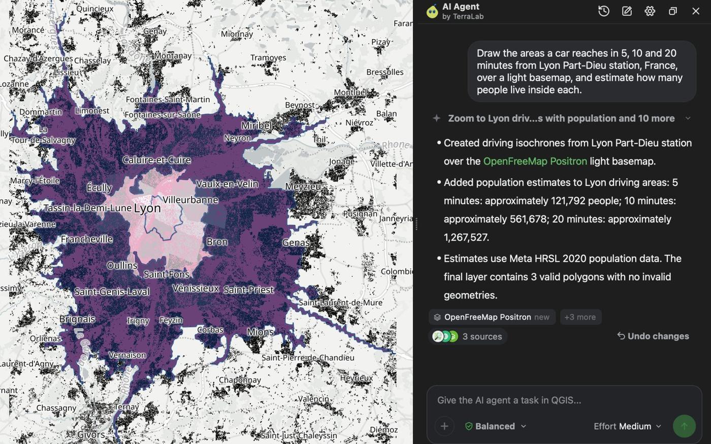 QGIS with nested drive-time areas around Lyon Part-Dieu, and the AI Agent answer with the population of each