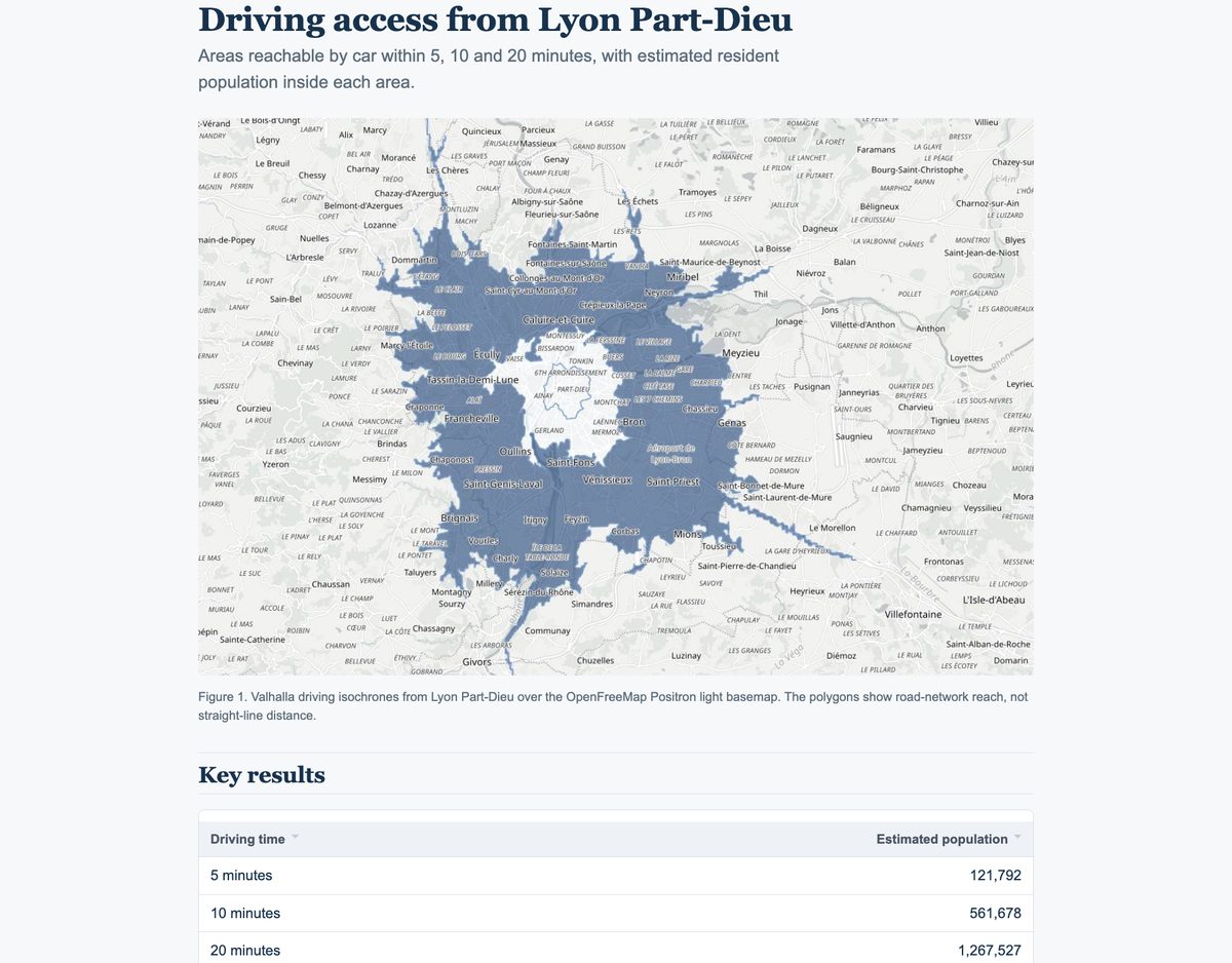 The HTML report AI Agent wrote for the Lyon drive-time analysis, with the map, the key numbers and the sources