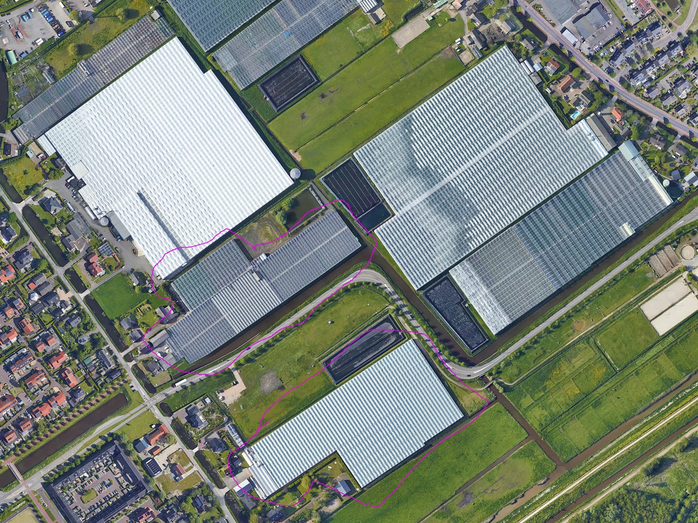 Purple markup traced around greenhouse roofs