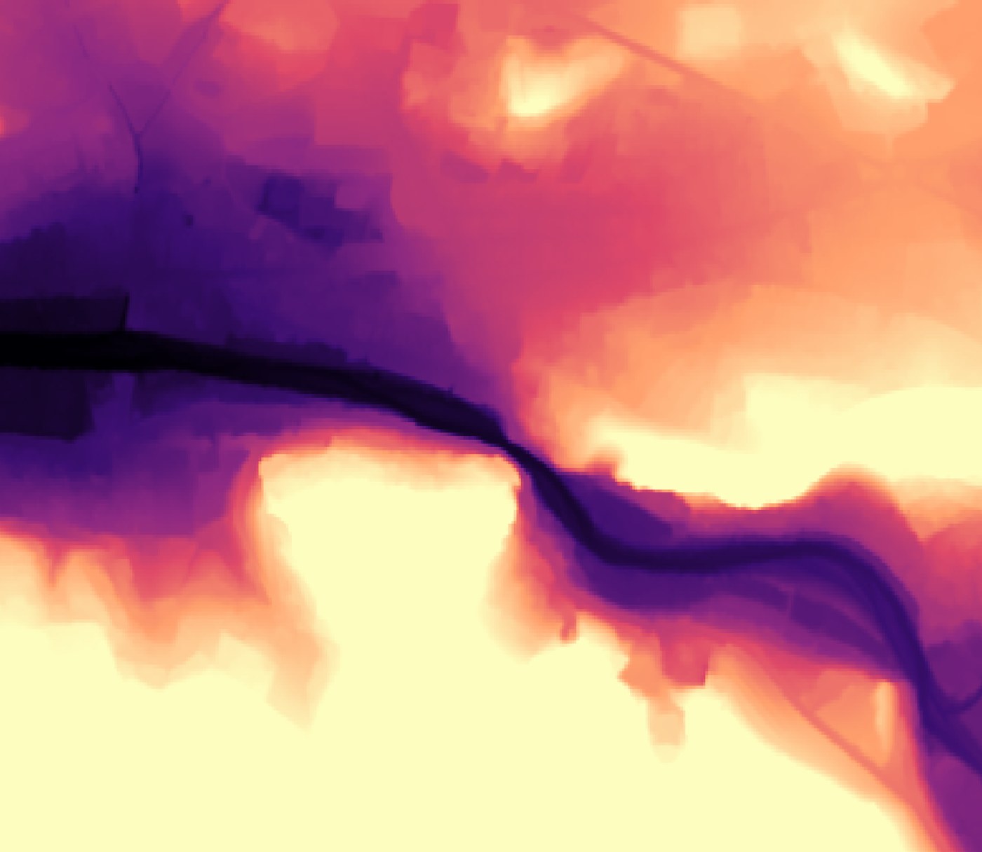 The DTM, then the flood result: the water matches the low zones of the terrain (before)