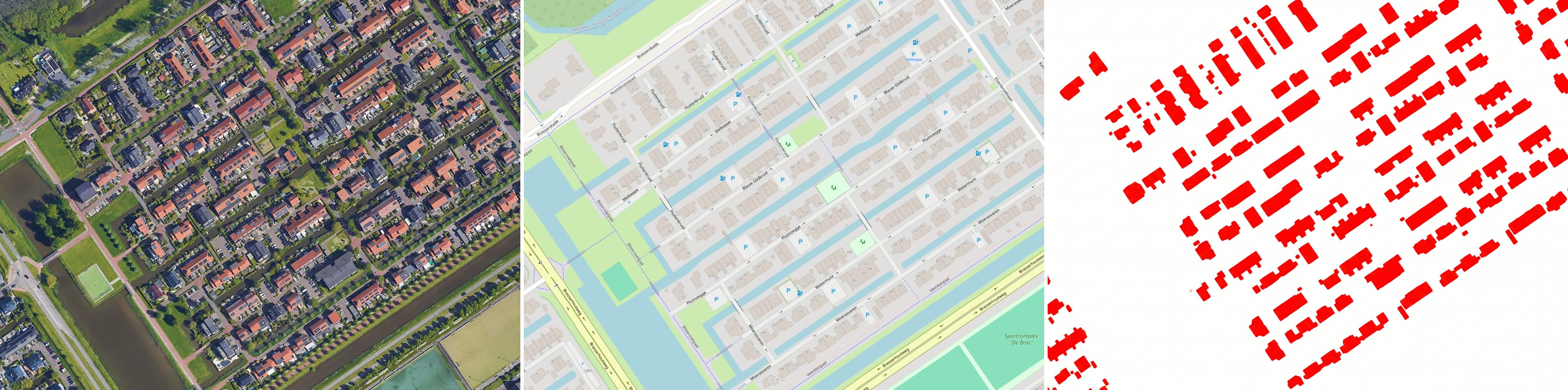 Aerial image input, OSM footprints reference, and the building-map result