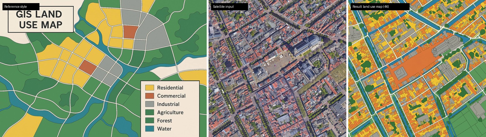 Reference legend, aerial image input, and the land use map result at 4K
