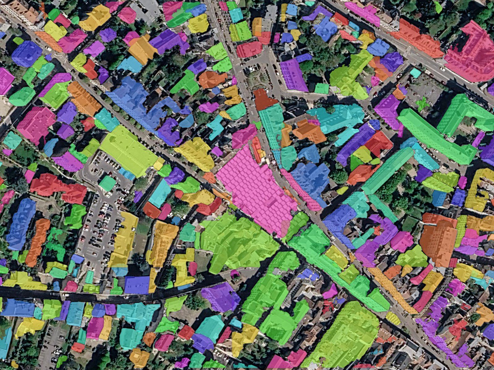 A town center before and after automatic building detection (after)