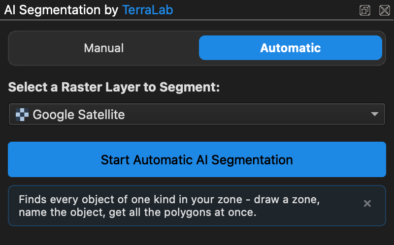 AI Segmentation panel with the Manual/Automatic switch, ready to start