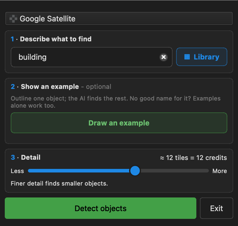 The setup step: object set to building, example card, detail slider