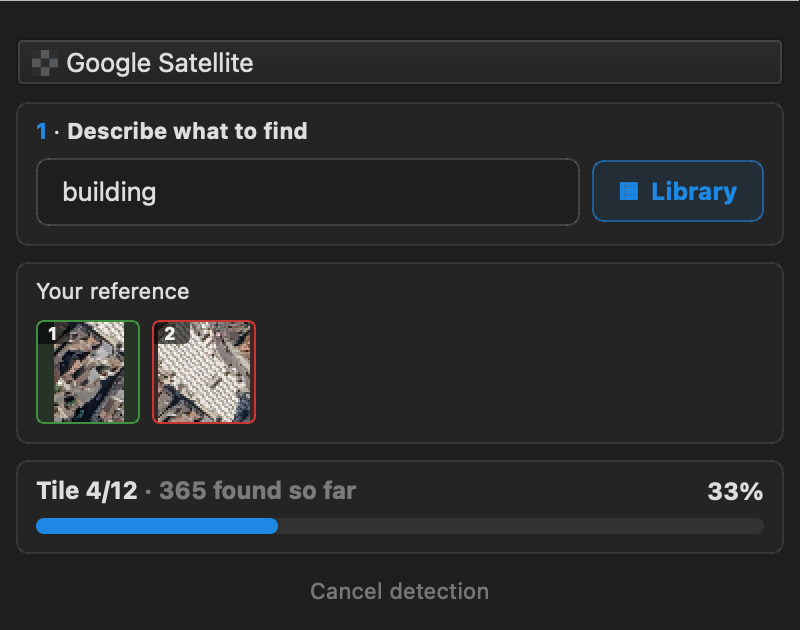 Detection in progress, tile 4 of 12, 365 objects found so far