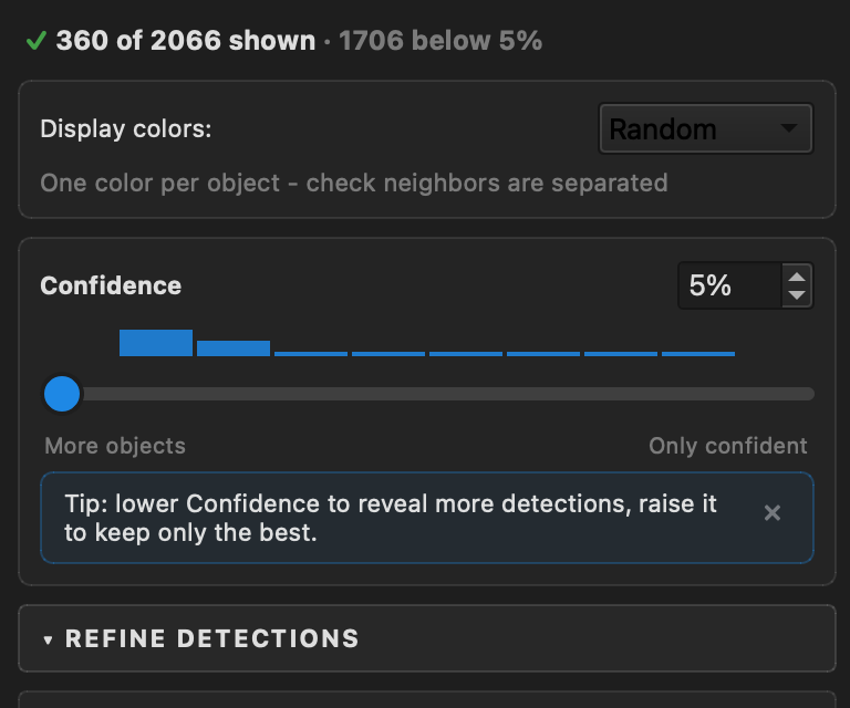 The review panel: count, display colors, confidence histogram