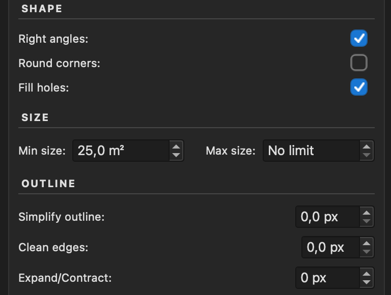 Refine detections panel with shape, size and outline controls