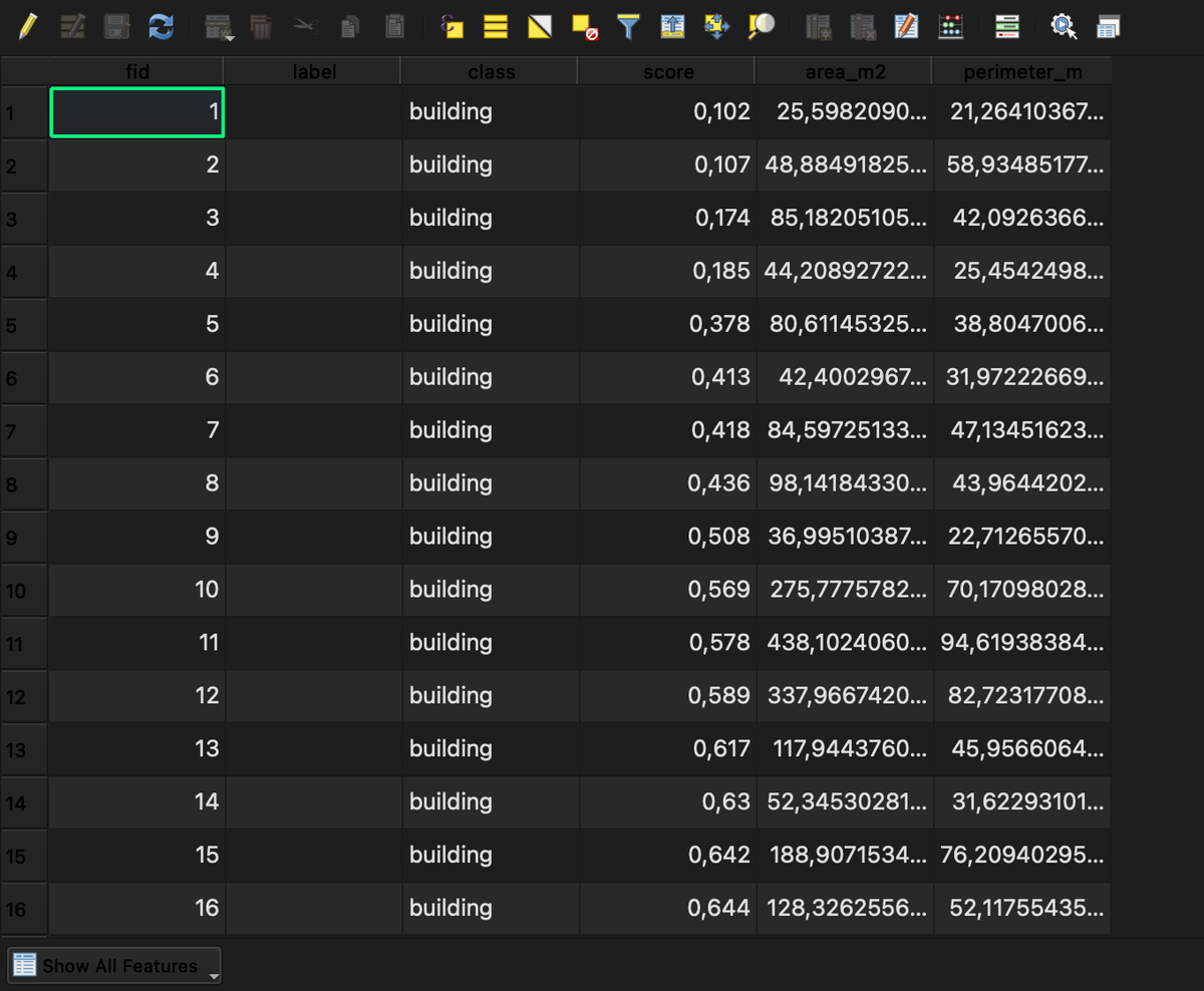 Attribute table with class, score, area_m2 and perimeter_m columns