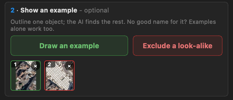 The reference chips in the panel: example 1 in green, exclusion 2 in red