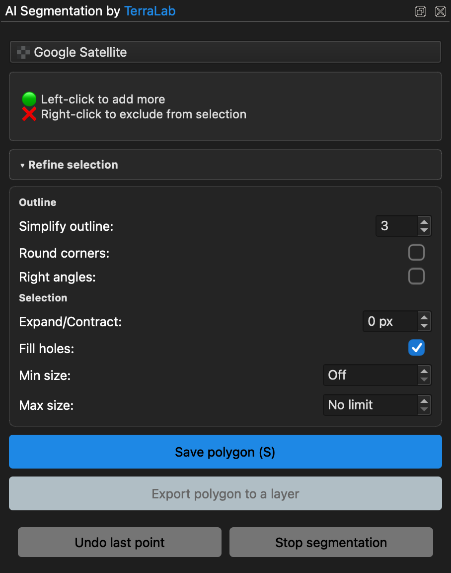 El panel Manual: un punto verde para el clic izquierdo que añade, una cruz roja para el clic derecho que excluye, los controles Refine selection y el botón Save polygon resaltado